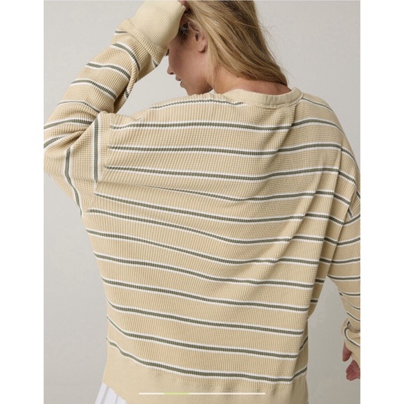 NWT Aerie OFFLINE Wow! Waffle Knit Long Sleeve Tee Med Soft Wheat Beige Stripe - Picture 2 of 11